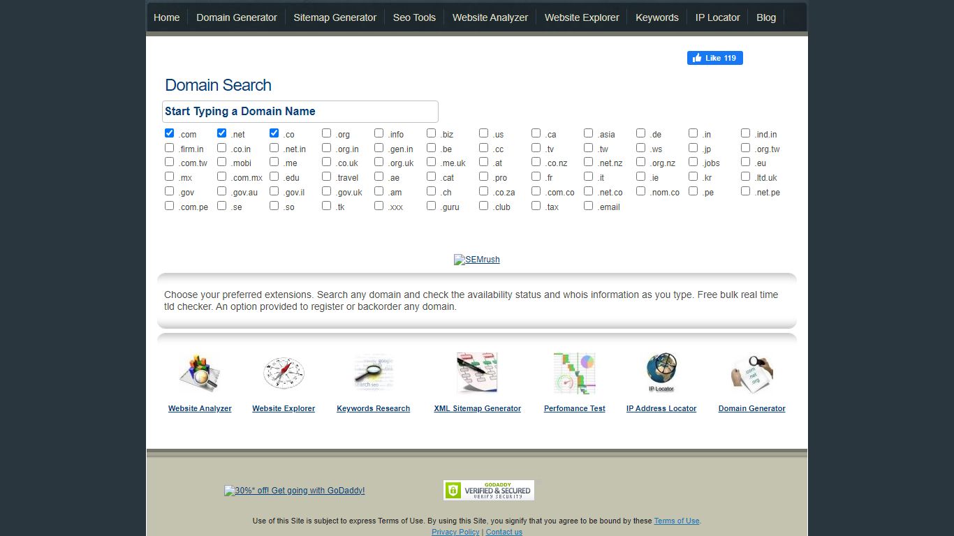 Search and register domain, check availability, find whois information.